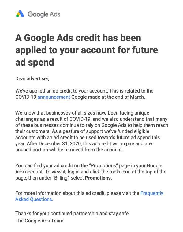 Google ad credit notification email