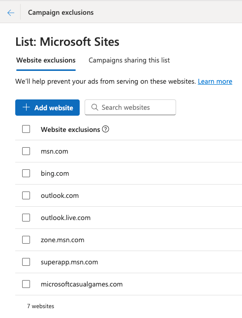 Microsoft website exclusion sites